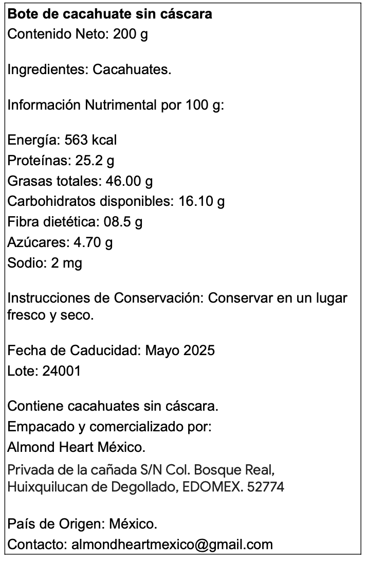 Bote de Cacahuate Natural sin Sal y sin cáscara 200 gramos