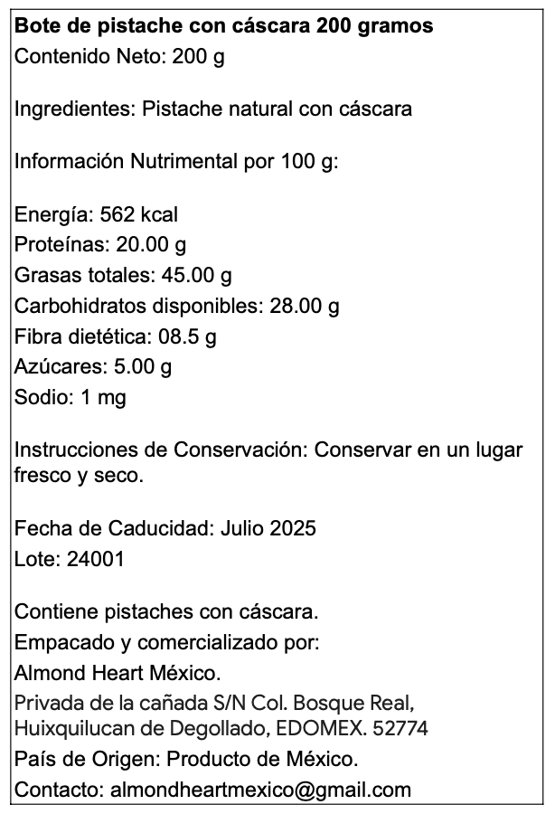 Bote de pistache con cáscara 200 gramos